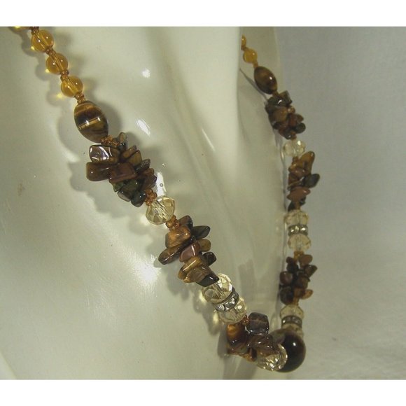 Tiger's Eye Stone Necklace Sphere Focal Two-strand Chips Rhinestone Rondelles - Picture 2 of 8